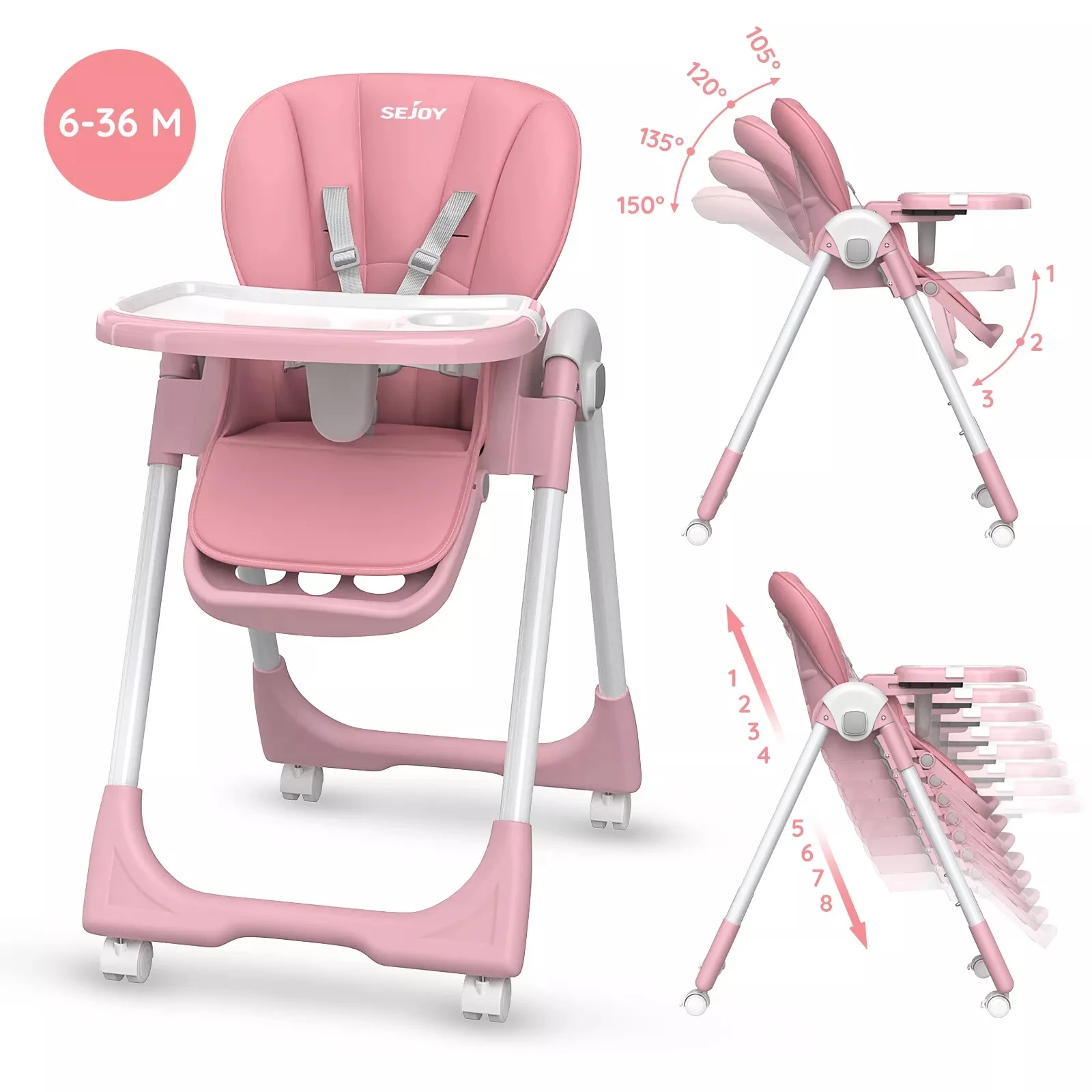 SEJOY Silla alta para bebé, asiento ajustable con bandeja extraíble Convertible plegable para bebés