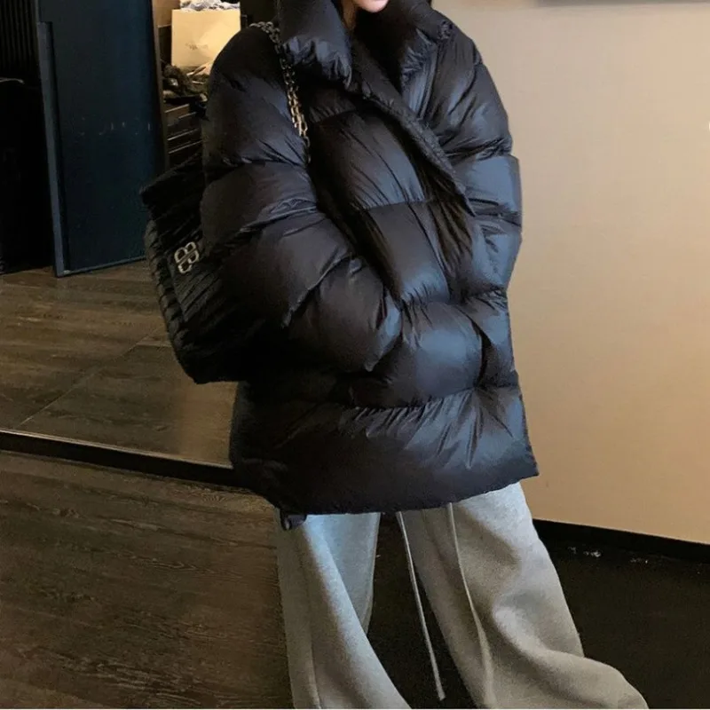 Black Medium To Long Cotton Jacket for Women in Winter 2025 Fashionable New Style Loose and Thick Stand Up Collar Parkas