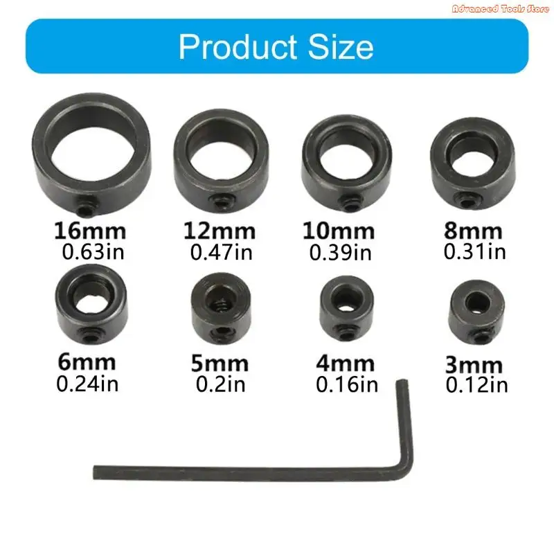 8Pcs Drill Bit Depth Limit Collar Set Locking Steel Rings Adjustable Positioner W91B