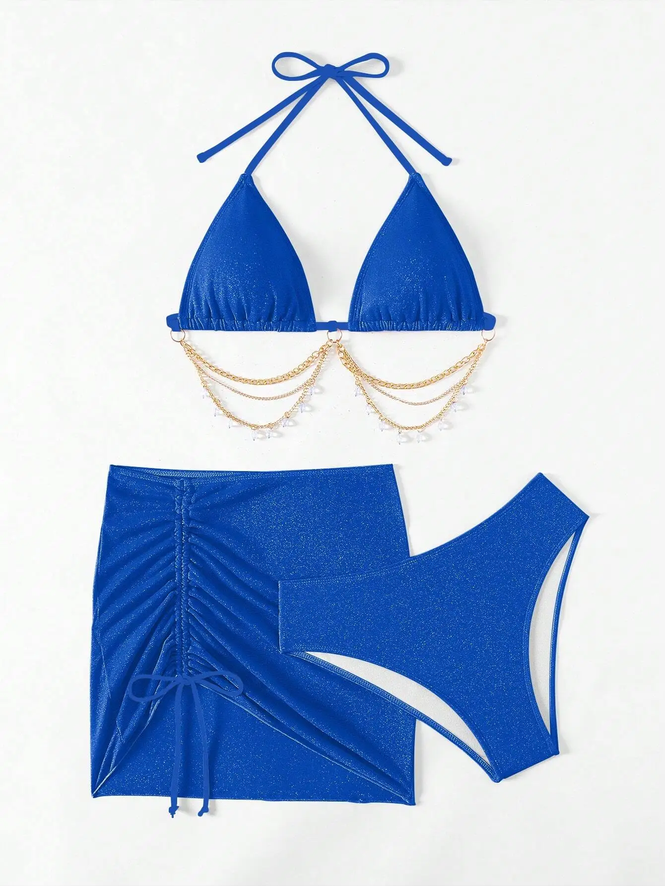 

Solid Color Halter Strap Sexy Bikini Set With Chain Detail And Cover-Up Skirt