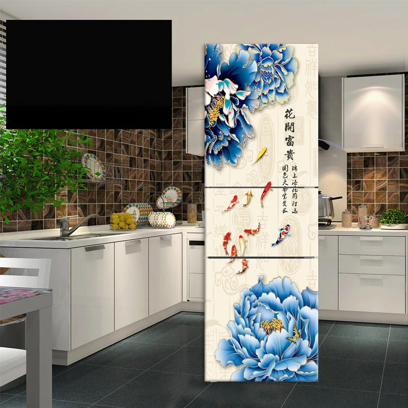 Carp Lotus Fridge Sticker Scenery Ink Painting Refrigerator Stickers Self-adhesive Wallpaper Kitchen Decor Mural Decal Removable