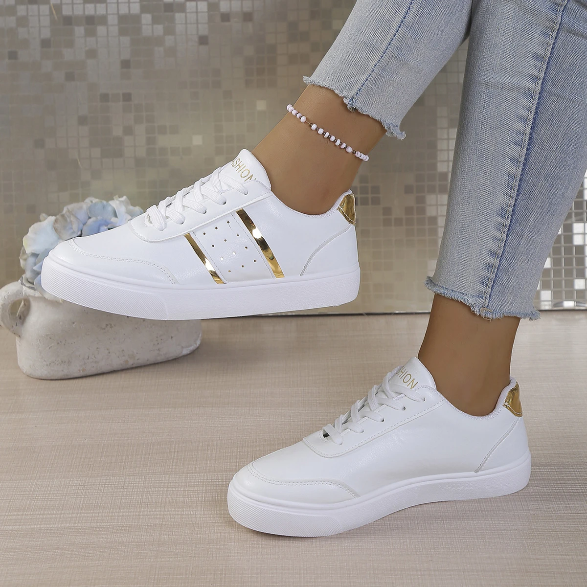 Calzado deportivo casual para mujer: diseño de corte bajo con cordones, forro de tela cómodo, apto para todas las estaciones, calzado deportivo para mujer
