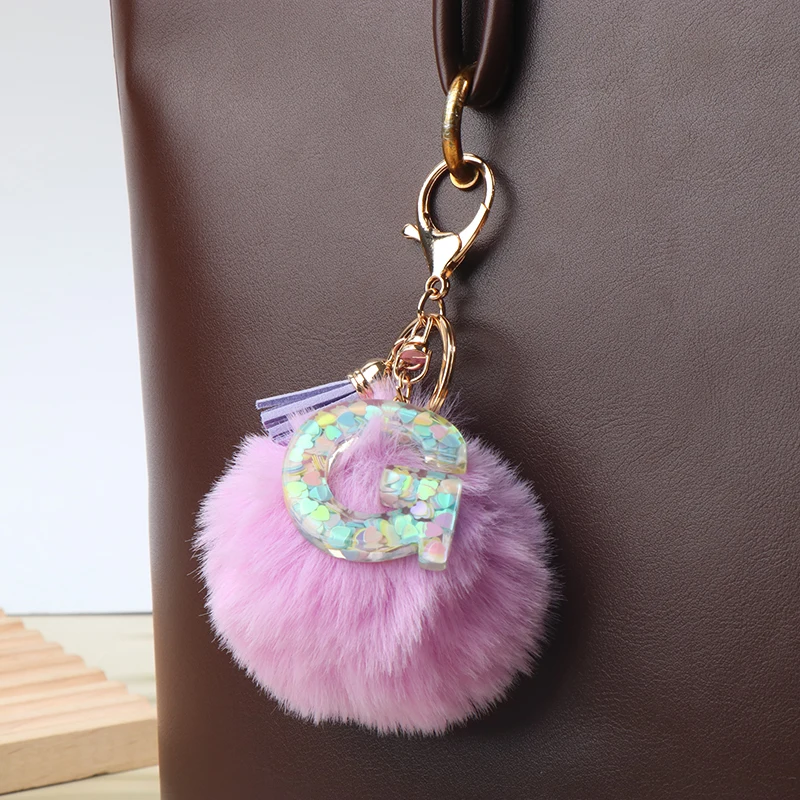 26 Initials Alphabet Tassel Pendant Pink Hairball Sequin A To Z Letter Keychain Metal Holder Key Chain Women Bag Accessories