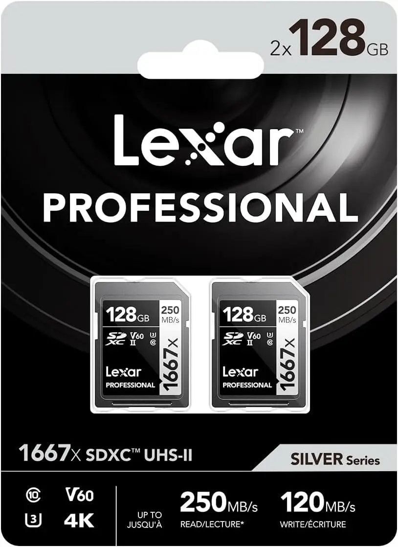 

Карта памяти SD 128 ГБ (2 шт.), UHS-II, C10, U3, V60, поддержка Full HD и 4K, скорость чтения до 250 МБ/с для фото- и видеосъемки