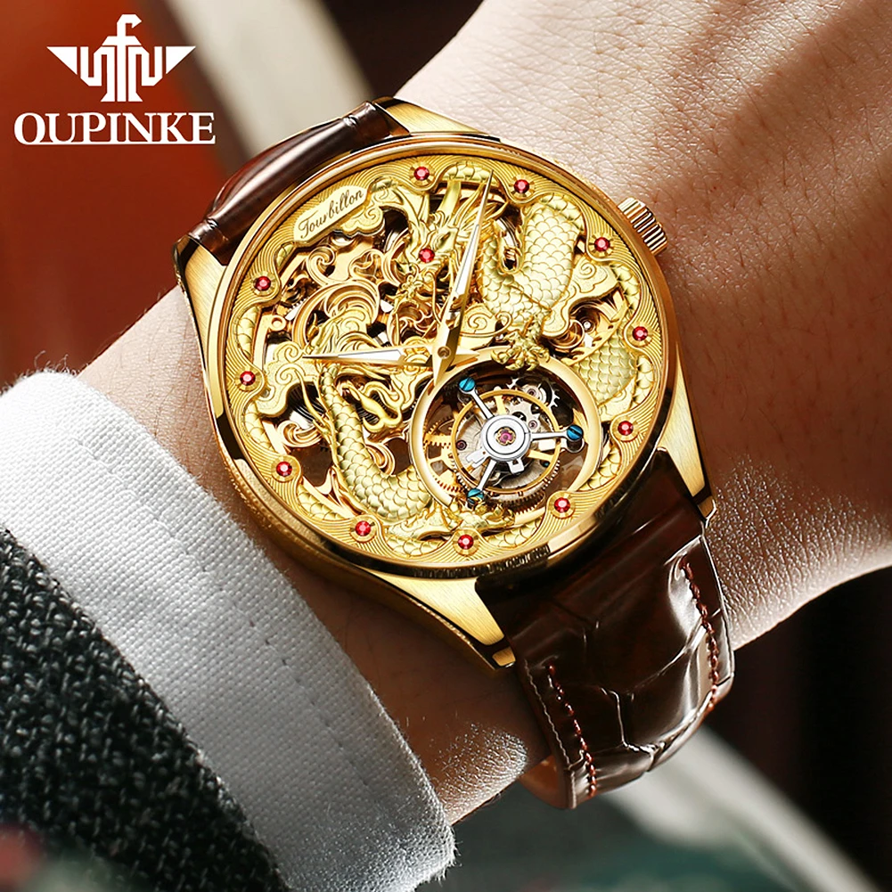 OUPINKE 3176 Top Brand Tourbillon Watch for Men Original Leather Strap Golden Dragon Design Automatic Mechanical Movement Watch