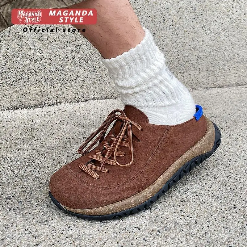 

Retro Boken shoes for men and women thick soled cow suede toe top outdoor slippers durable slip in Muller shoes