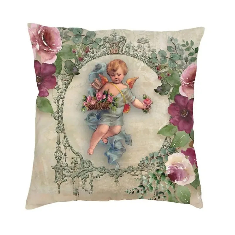 Fair Victorian Angel Print  Cushion with Vintage Rose Bouquets, Shabby Chic Pillowcase, Luxury Sofa, 45x45cm