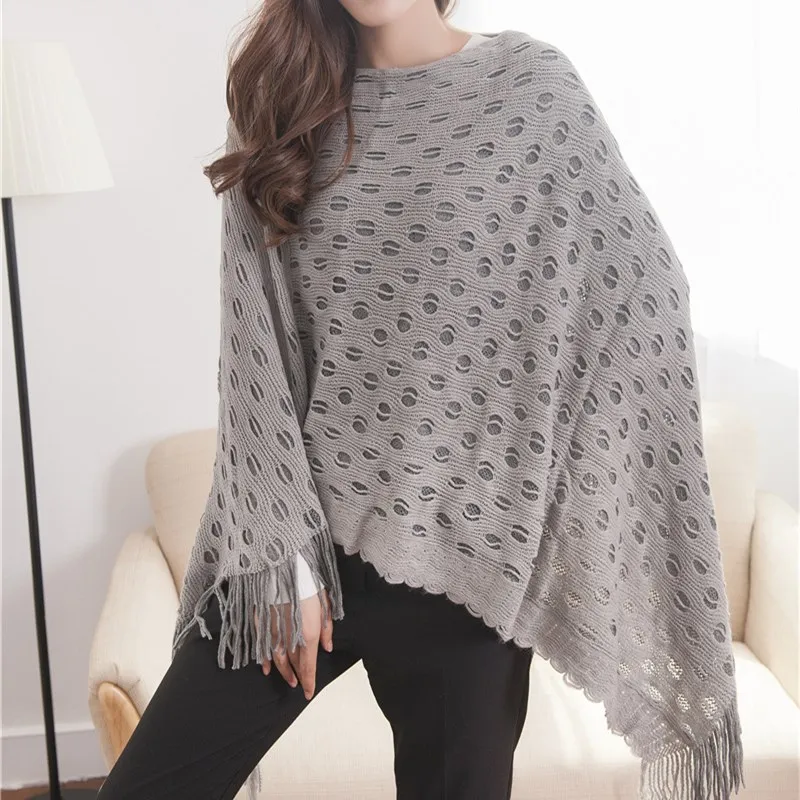 2022 Spring Autumn New Double-layer Irregular Shawl Hollowed Out Tassel Lattice Cloak Versatile Loose Pullover Poncho Gray