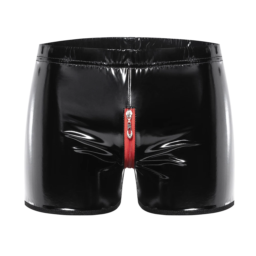 

Regular Solid Color Underwear Boxer Briefs Shorts 1pcs Black Faux Leather Low Rise Wet Look Zip Beach Male Men