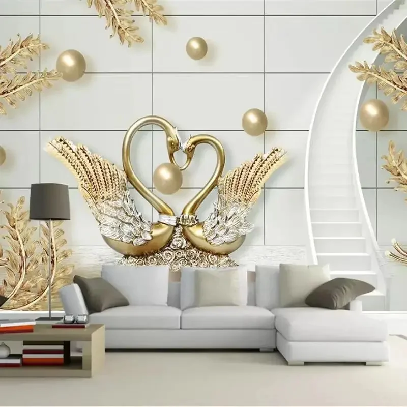 Custom wallpaper luxury 3d mural обои swan gold jewelry rotating staircase background wall high-end jewelry wallpaper home decor