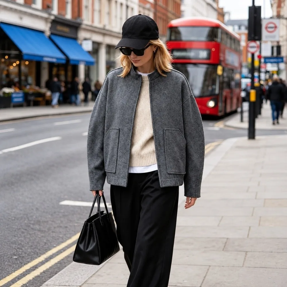 Grey Women Wool Bomber Jacket Loose Fit Stand Collar Wool Casual Outerwear Patch Pocket Thick Fabric Women Wool Flight Coat