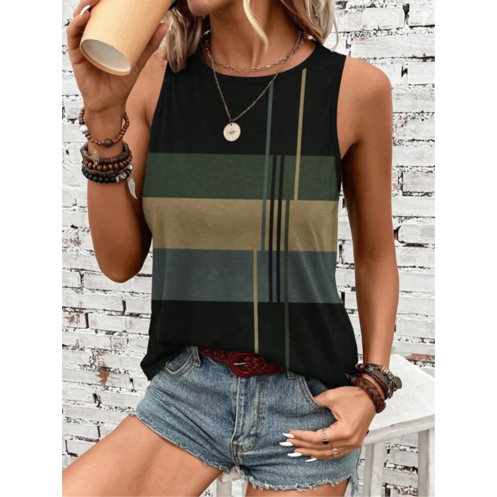 พลัสขนาดผู้หญิงฤดูร้อนลายเสื้อกั๊กลําลองแขนกุดหลวมเสื้อกล้าม