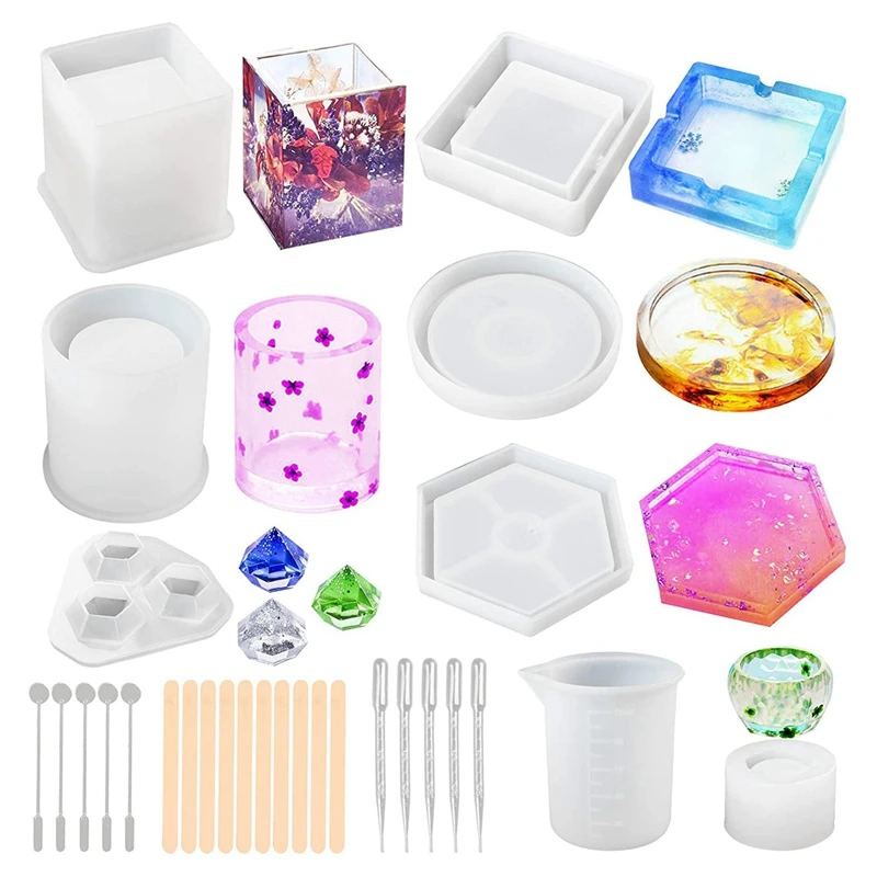 

28Pcs Silicone Coaster Ashtray Molds for Resin Casting, DIY Art Crystal Diamond Plant Pot Pen Candle Soap Holder Molds