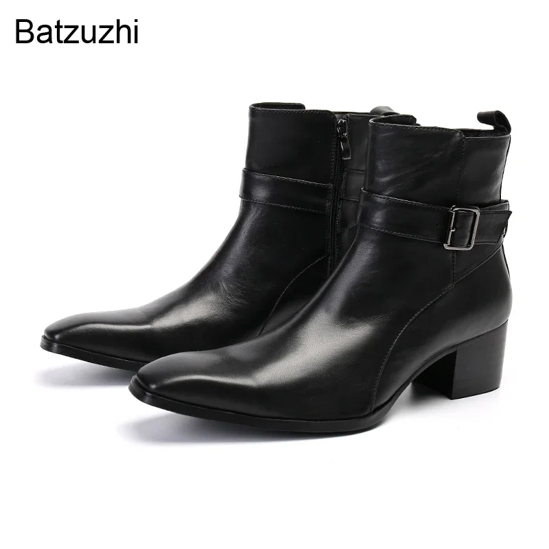 

Batzuzhi Punk Knight Men's Boots Fashion Pointed Metal Toe Black Leather Short Boots Men Buckles 6cm High Heels Boots for Men!