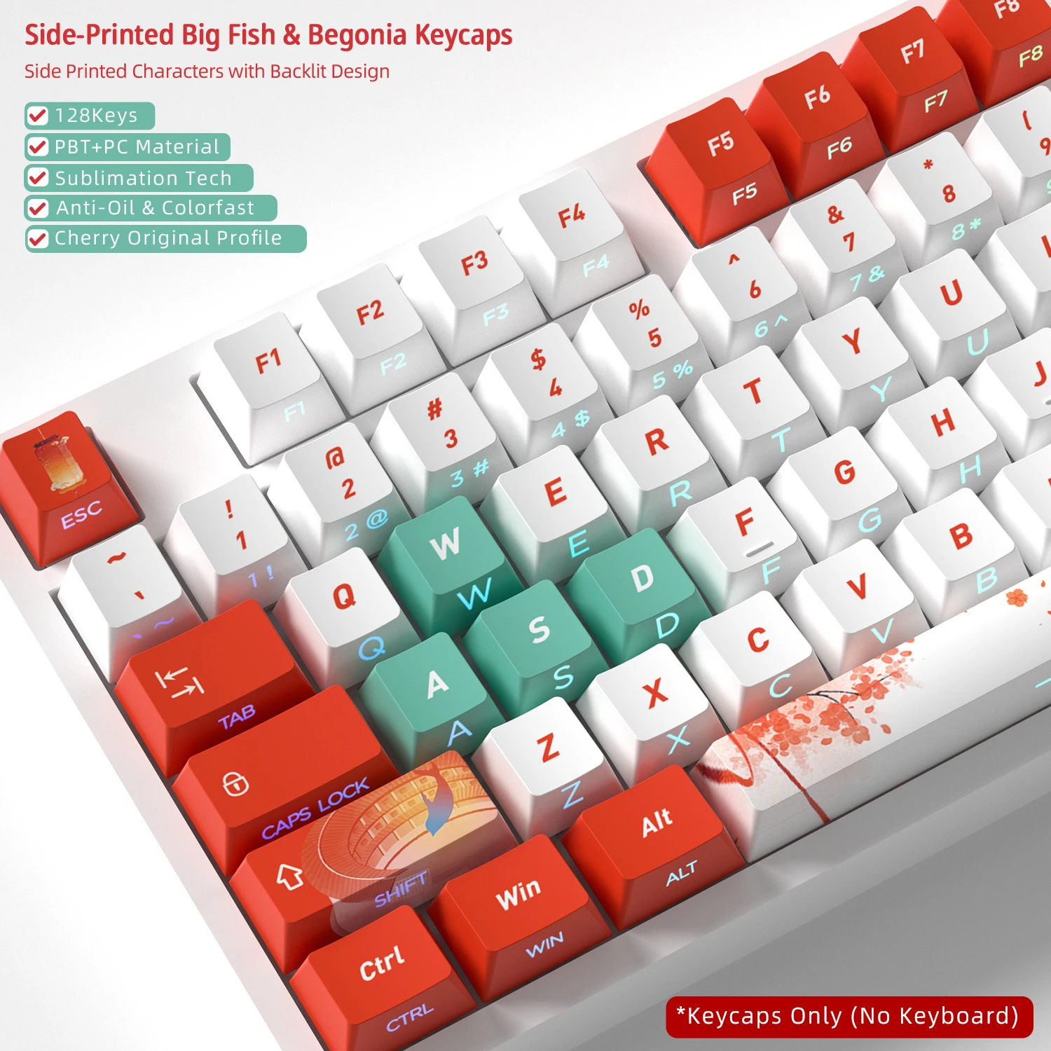 

Big Fish Begonia Side Backlight Keycaps 128 Keys PBT Material Cherry Profile For MX Switch Mechanical Keyboard ISO ANSI Layout