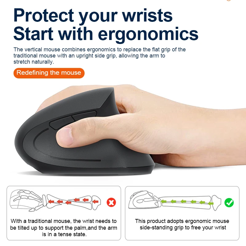 2.4GHz Wireless Bluetooth Vertical Ergonomic Optical Mouse 6-Buttons DPI Adjustable Office Mouse For PC Computer Laptop Desktop