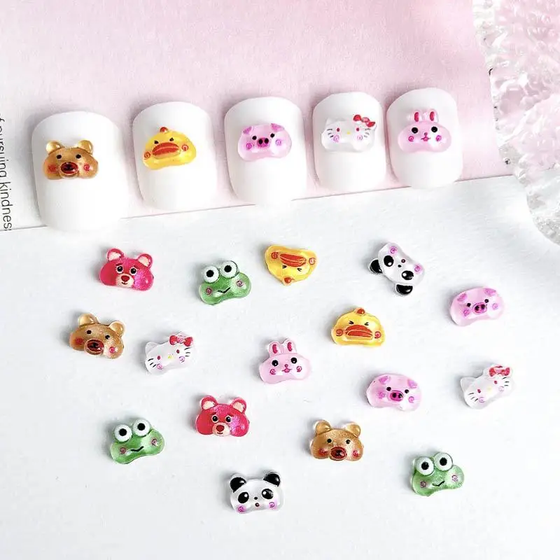 

50PCS Cartoon Cute Yellow Duck Frog Bear Nail Art Decorations 3D Resin Adorable Pig Cat Animal Head Nail Charms Accessories DIY