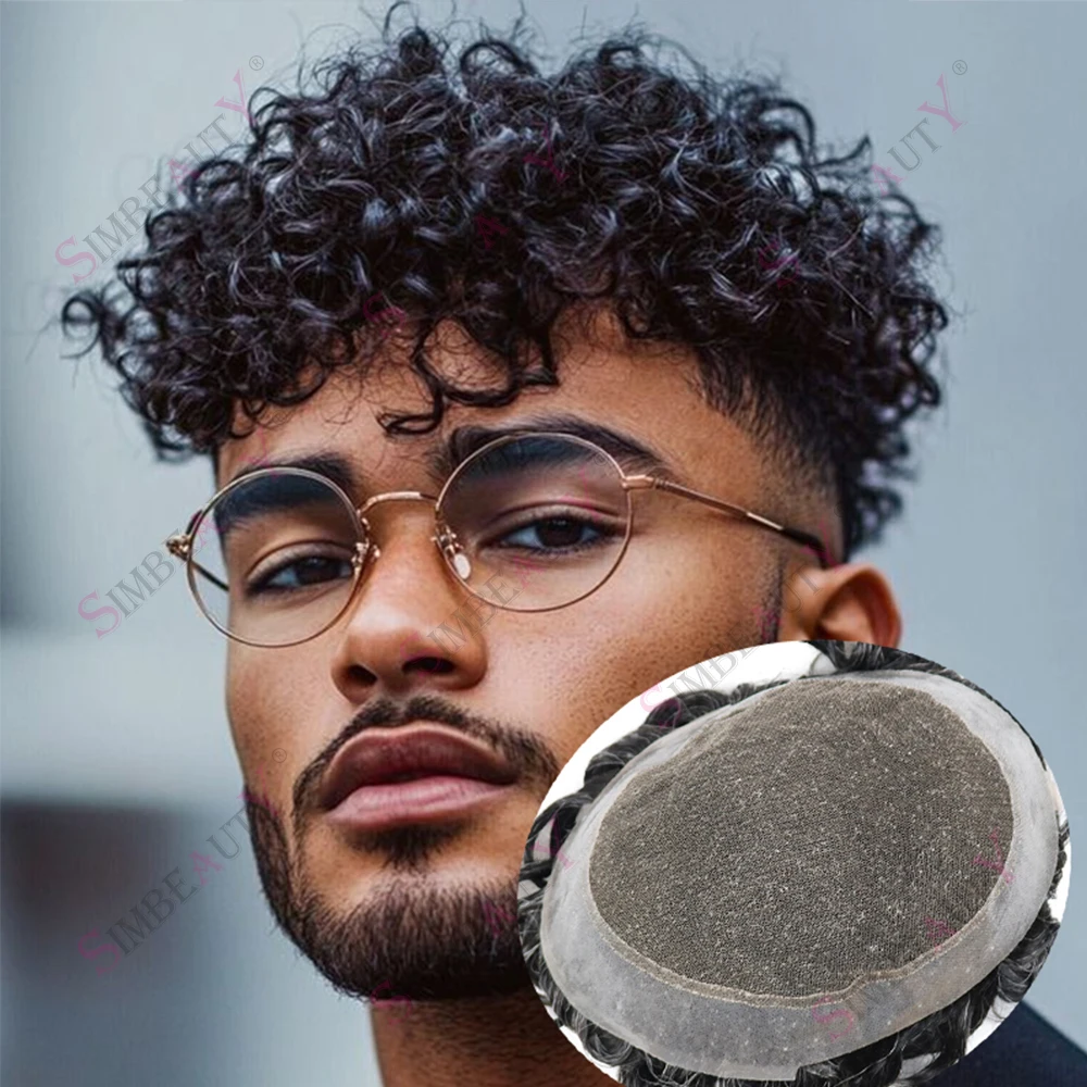 أستراليا السويسري الدانتيل و بولي Base قاعدة شعر بشري أسود الرجال الشعر المستعار الأفرو الرجال 15 مللي متر غريب مجعد الذكور الشعر الاصطناعية تنفس رجل الباروكات #1