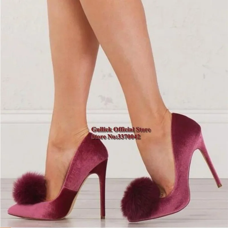 

Pom Pom Pointed Toe High Heel Velvet Shoes Slip-on Stiletto Heel Pumps Thin Heels Celebrating Spring Shoes