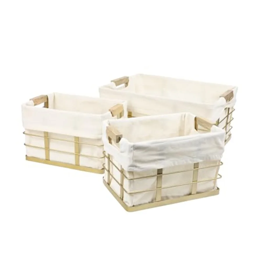 

BSK3002D-3SET Callan Vintage Industrial Wire Metal Nesting Storage Baskets with Wood Handles and Fabric Liner for Shelves, Cabi