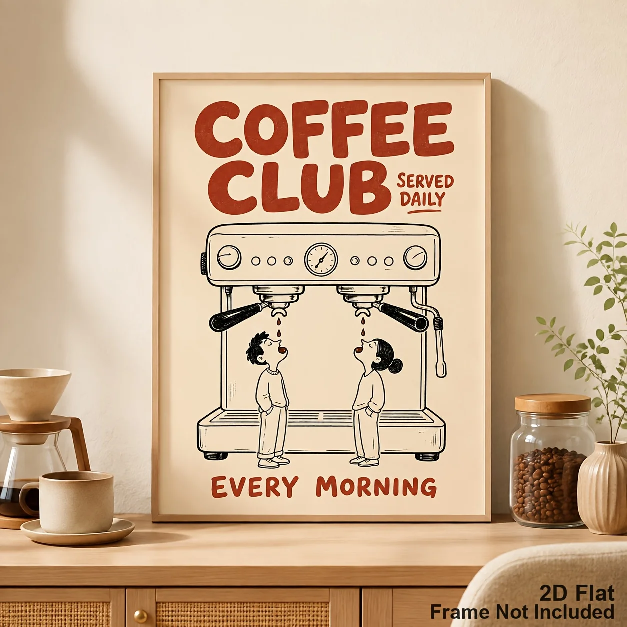 2D Flat, Coffee Club Every Morning Poster - Retro Espresso Machine Line Art Suitable for Coffee Bar, Kitchen Wall Decor, Mini