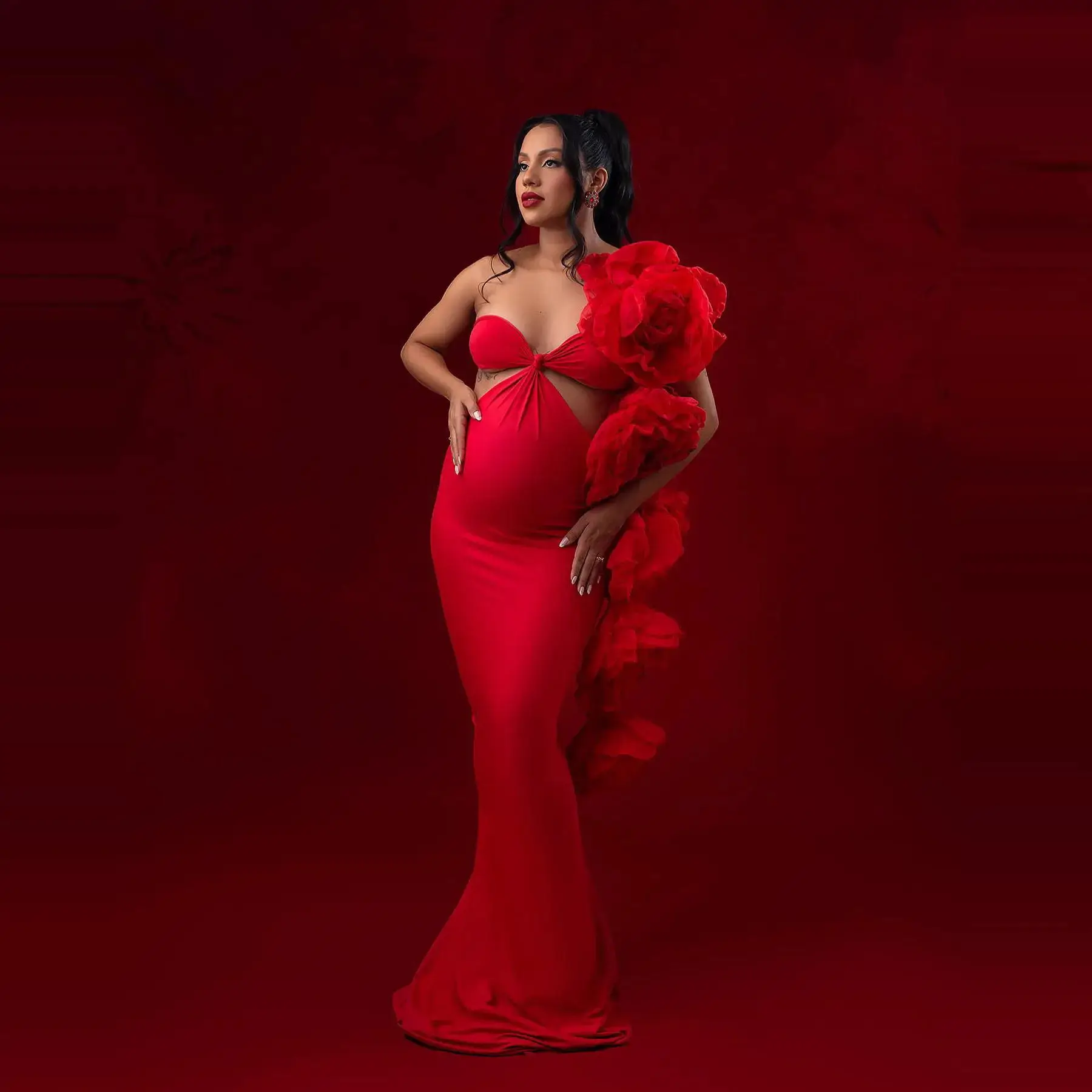 Amazing Red Mermaid Maternity Dress for Photoshoot Flower Ruffles Pregnancy Robe Babyshower Bridal Dress Photography Customized