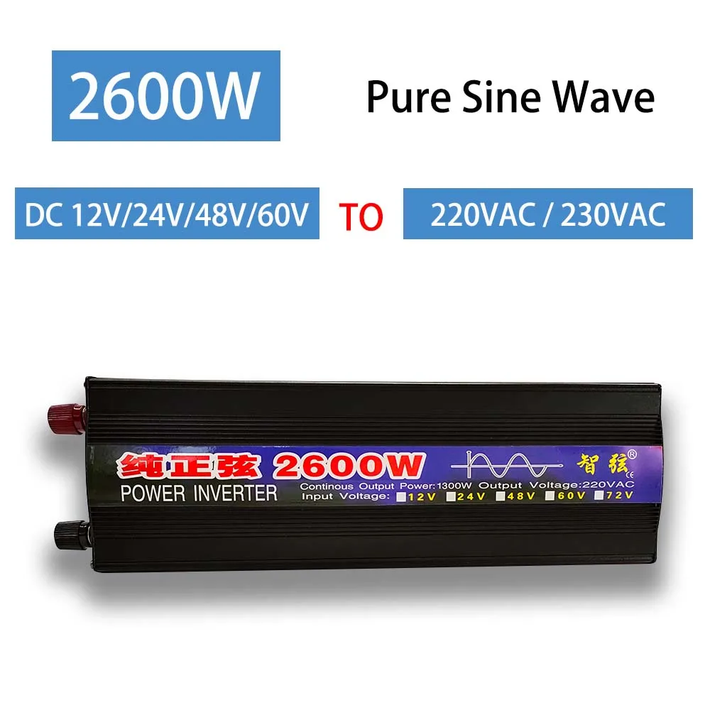 2600W Inverter 12V 24V 48V 60V DC Input to 220V 230V AC Universal Socket Transformer Pure Sine Wave Power Converter and Inverter