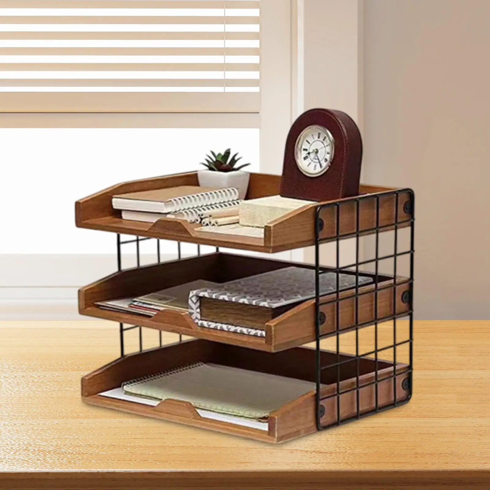 Wood Inbox Tray with Metal Frame Shelf Holder File Document Storage Rack Letter Tray Desk Organizer for Home Document Newspapers