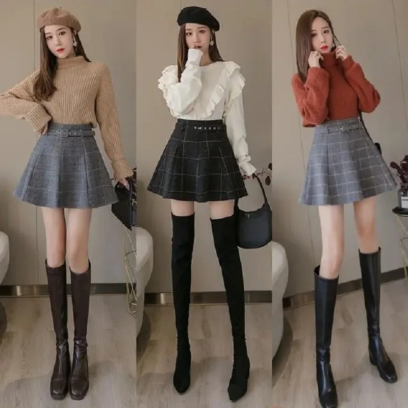 Korean style plaid skirt shorts A-line high waisted mini skirts for women kawaii autumn winter wool short skirts with belt