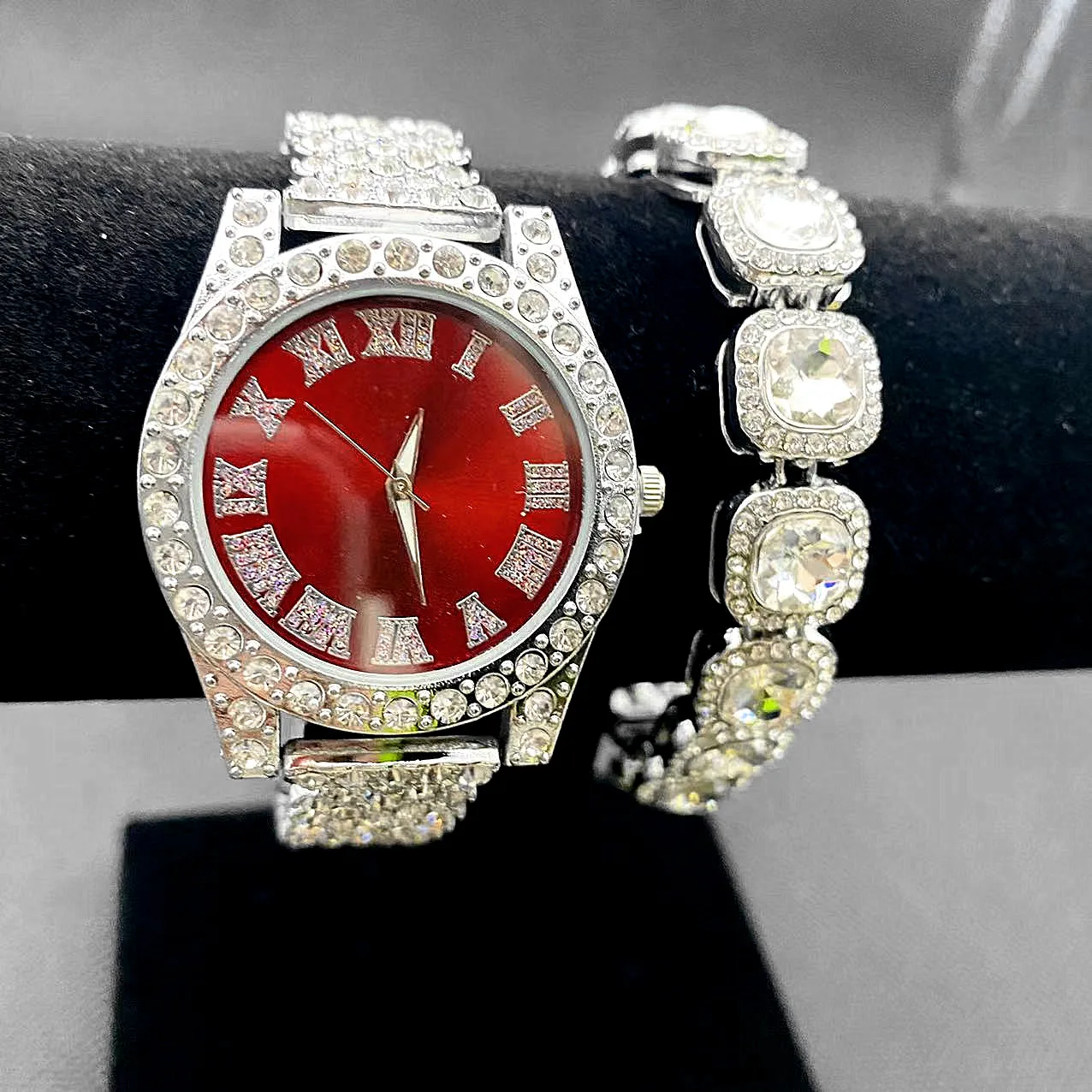 2pcs Full Iced Out Watch for Women Bling Tennis Chain Bracelet Elegant Simple Wristwatch CZ Hip Hop Luxury Jewelry Set Relojes