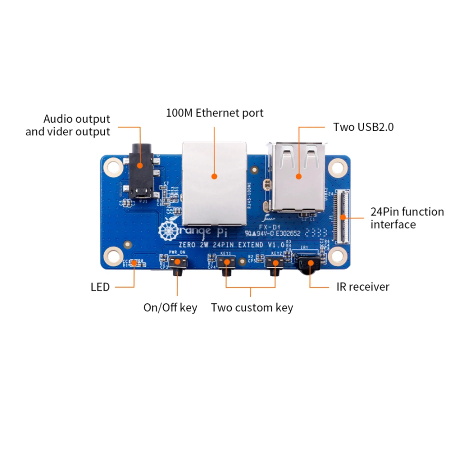 ORANGE Pi บอร์ดขยายสำหรับแผงวงจรสีส้ม Pi zero 2W คอมพิวเตอร์ขนาดเล็กเดอร์บอร์ดพร้อมอินเทอร์เฟซเครือข่าย USB ปุ่มเปิด/ปิดเสียงระบบอินฟราเรด