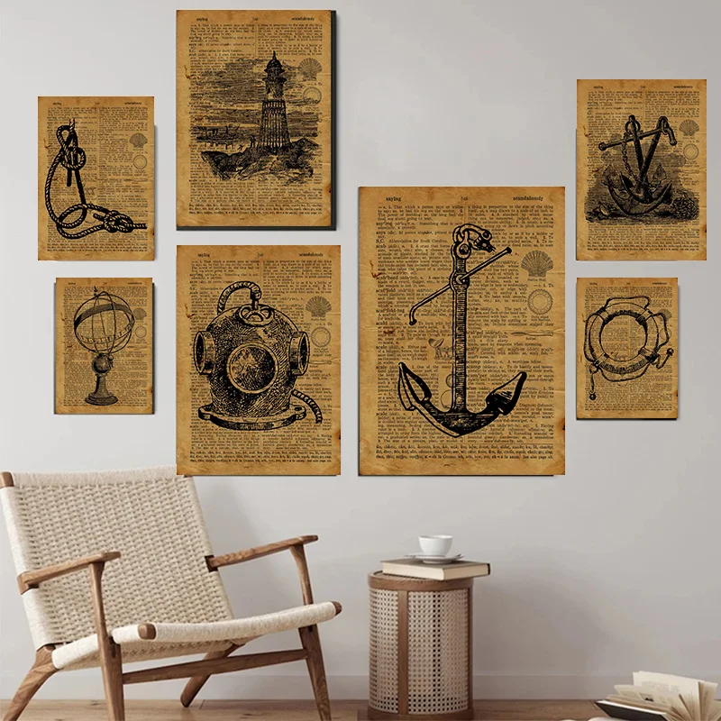 Nautical Anchor Sundial Deep Sea Diver Lighthouse Engraving Art Poster Canvas Painting Wall Print Picture Living Room Home Decor