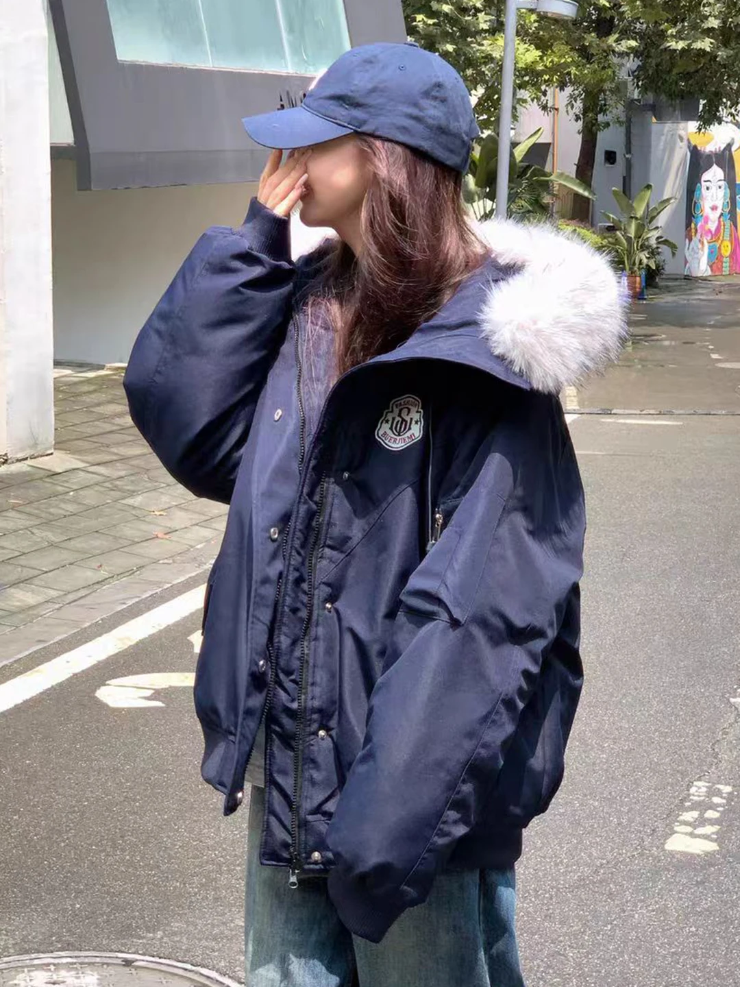 

Women's Parka Coat down Jaet Winter New Loose Thiened Fur Collar Warm Polyester Fiber Long Sve Single Button Closure