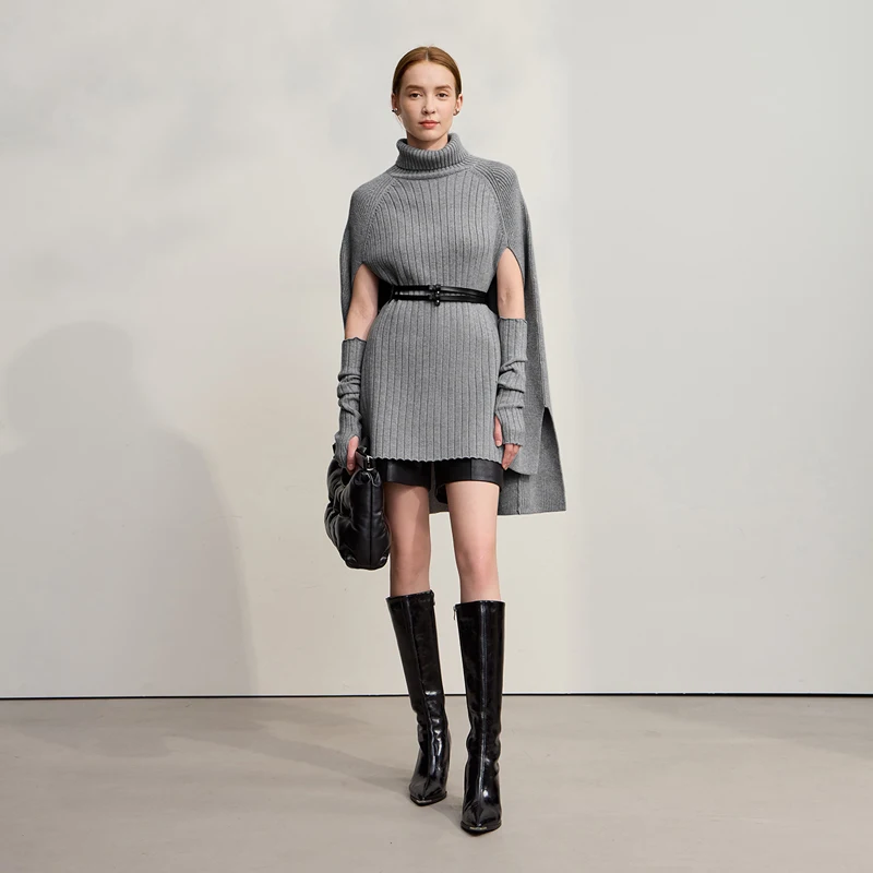 AMII سترة نسائية 2025 شتاء جديد الحديثة الياقة المدورة سترة طويلة متماسكة الصلبة تنوعا المرأة كيب القمم 12554034