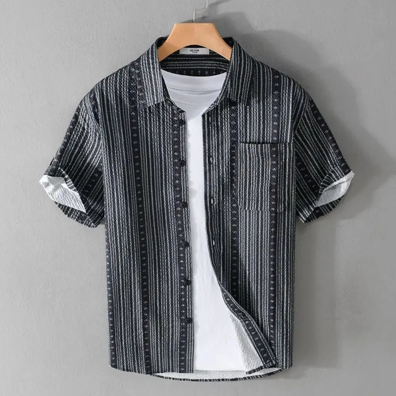 GELITAYIN Summer Striped Shirt Breathable Bubble Texture Button Up Pocket Short Sleeves Shirt Men's Hawaiian Vintage Beach Top