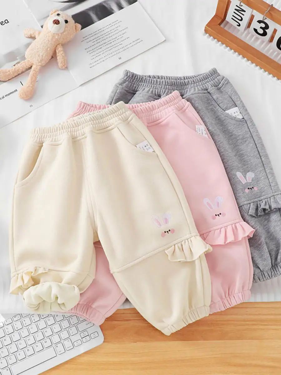 Novas Calças Casuais Forradas 2025 para Bebês Meninos e Meninas com Estampa de Desenho Animado, Calças Longas para Crianças, Roupas de Outono e Inverno