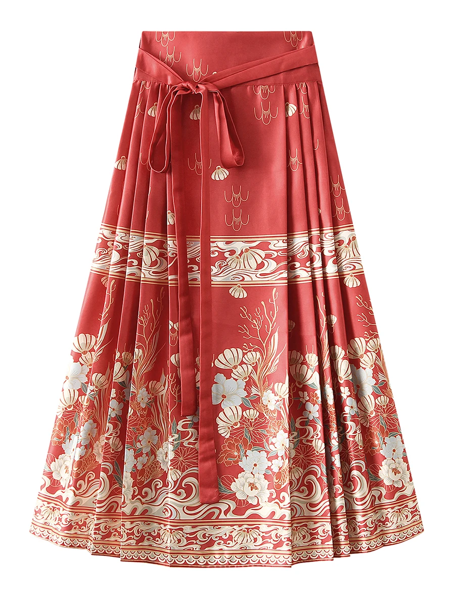 

Women s Horse Face Skirt Y2k Ming Dynasty Flower Print Pleated Tie Up A-Line Long Skirt Chinese Style Hanfu Midi Skirt