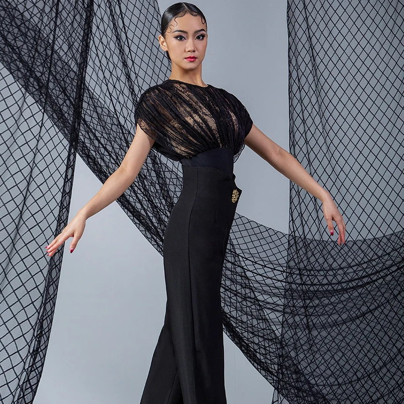 Modern Dancing Top For Women Waltz Ballroom Dance Tops Black Lace Latin Dancing Top Stage Performance Practice Wear SL8322