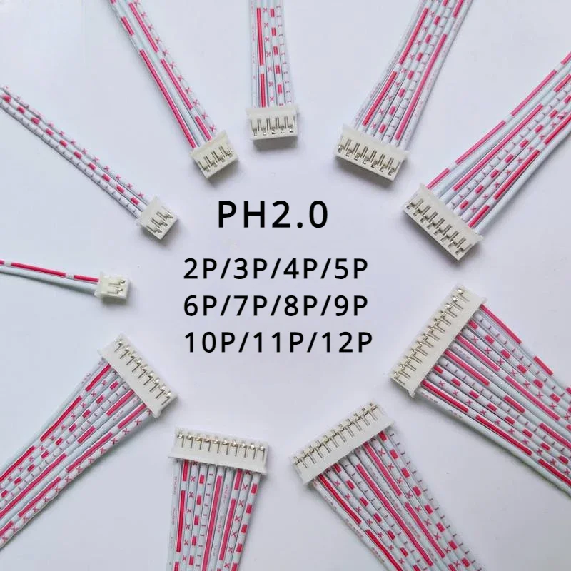 

JST PH2.0mm Pitch Connector Cable PH2.0 Plug Line length 30/20/10CM Red and white 2P-12P Single/Double Head 26AWG