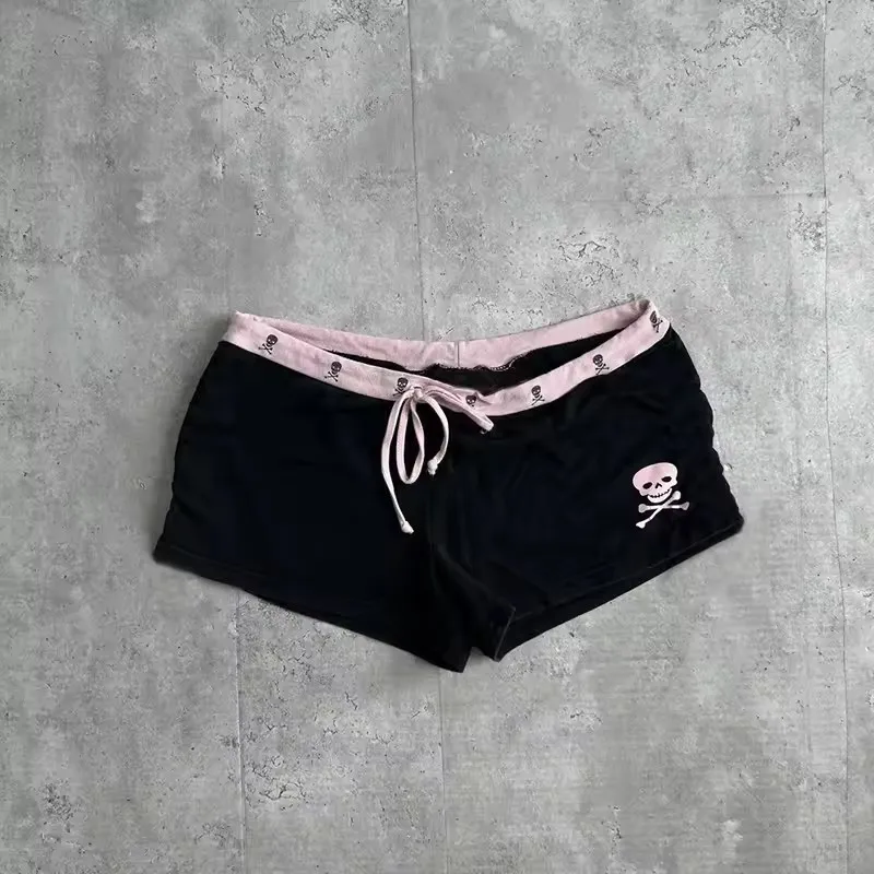 Gothic street style women's low waisted shorts Y2K skull print pink border drawstring daily casual sports hot pants