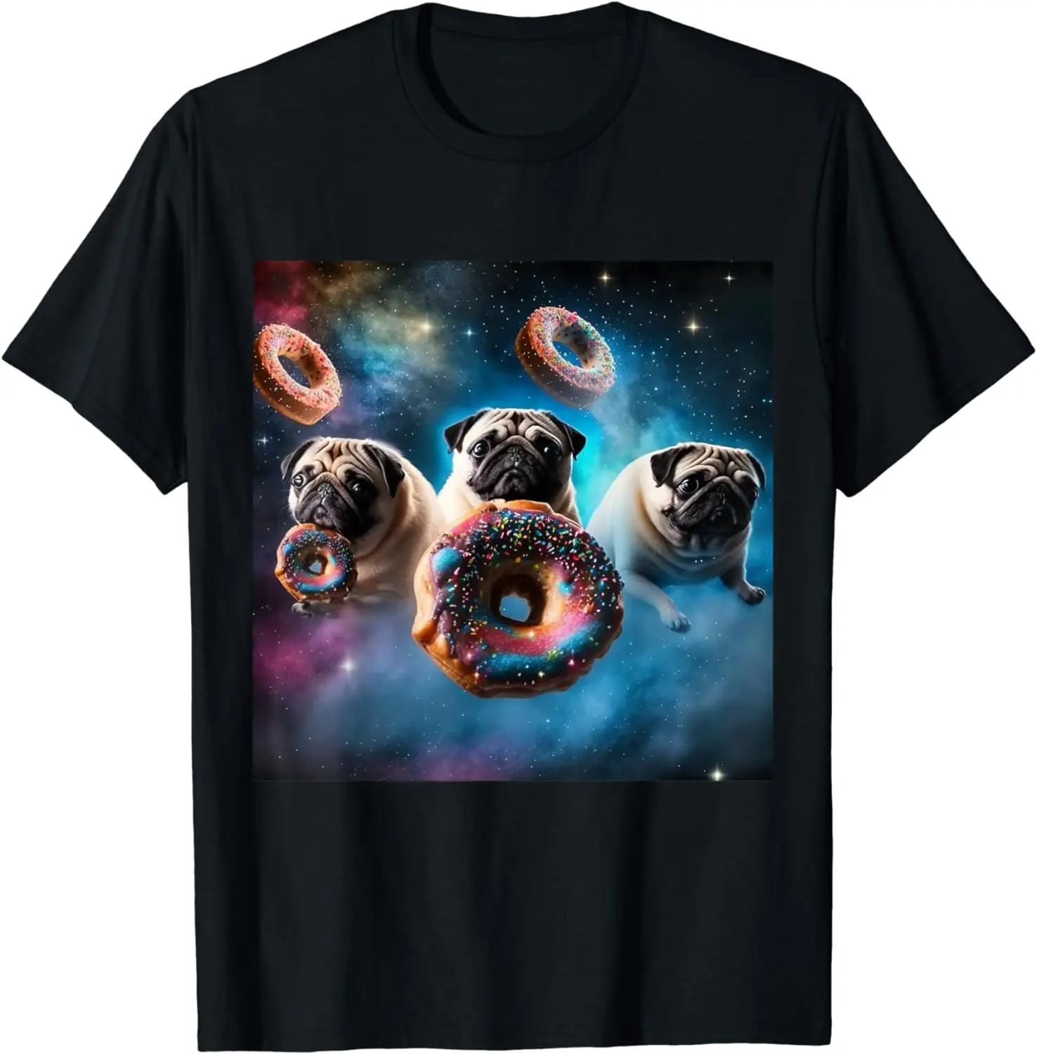 Funny Pugs in Space with Donuts Cute Pug Space Boys Girls Men Women T-Shirt Hiphop Streetwear Cartoon Clothes Cotton