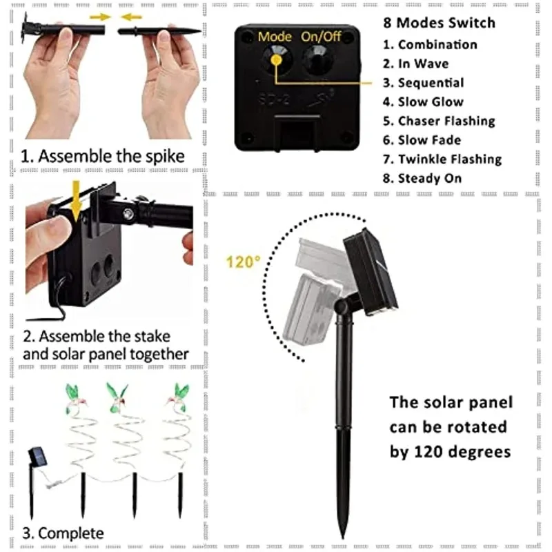 โคมไฟ LED lampu tenaga Surya แบบเสาในสวนนกฮัมมิงเบิร์ดแบบเกลียวต้นไม้ตกแต่งคริสต์มาสภูมิทัศน์เหมาะสำหรับทางเดินสวนสนามหญ้า