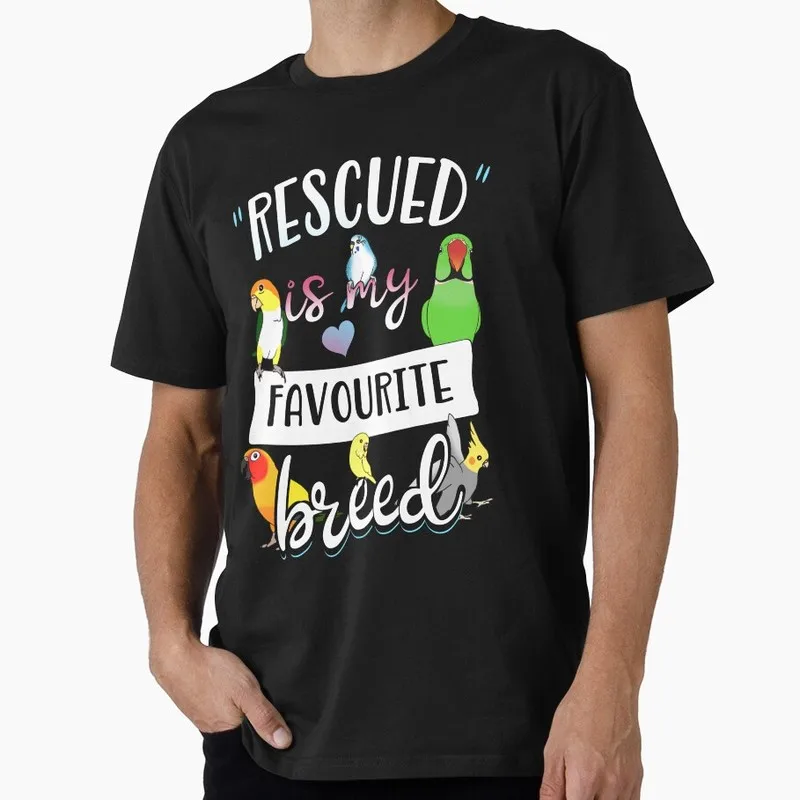 Rescued is my favourite breed - parrots Funny Parrot Gift T-shirt for Birds Lover Short Sleeve Graphic Clothes All Size Tops