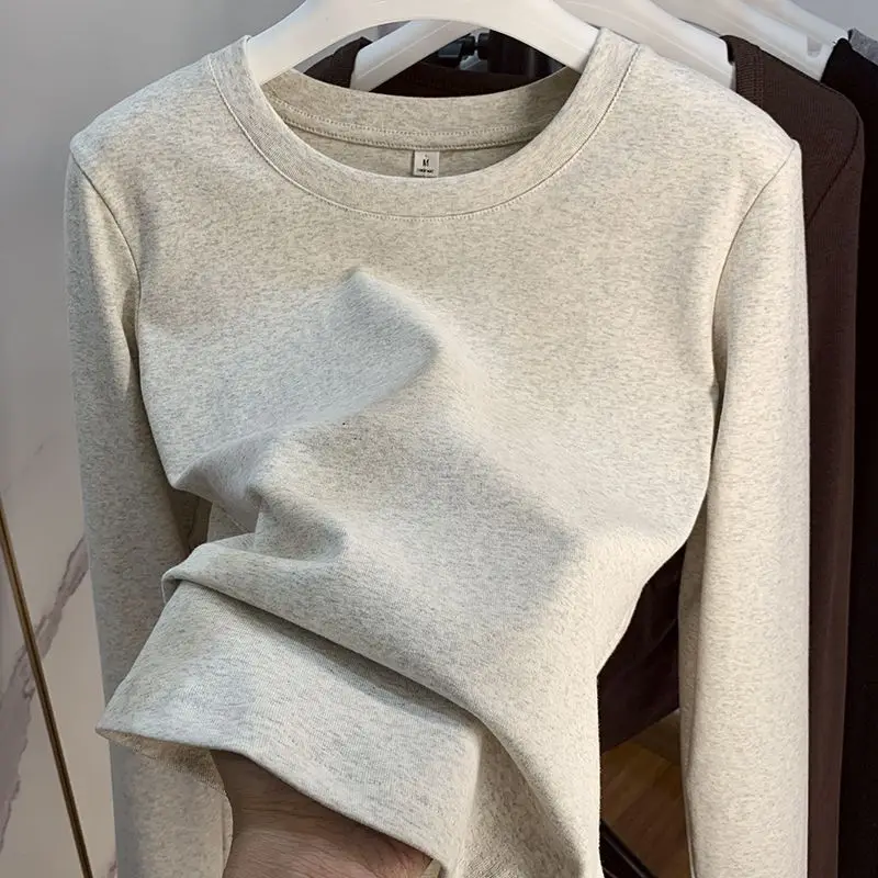 2024 Spring and Autumn Cotton Crew Neck Pure White Long Sleeve T-Shirt Grind Slim Thread Solid Color Bottom Shirt Ins Tide