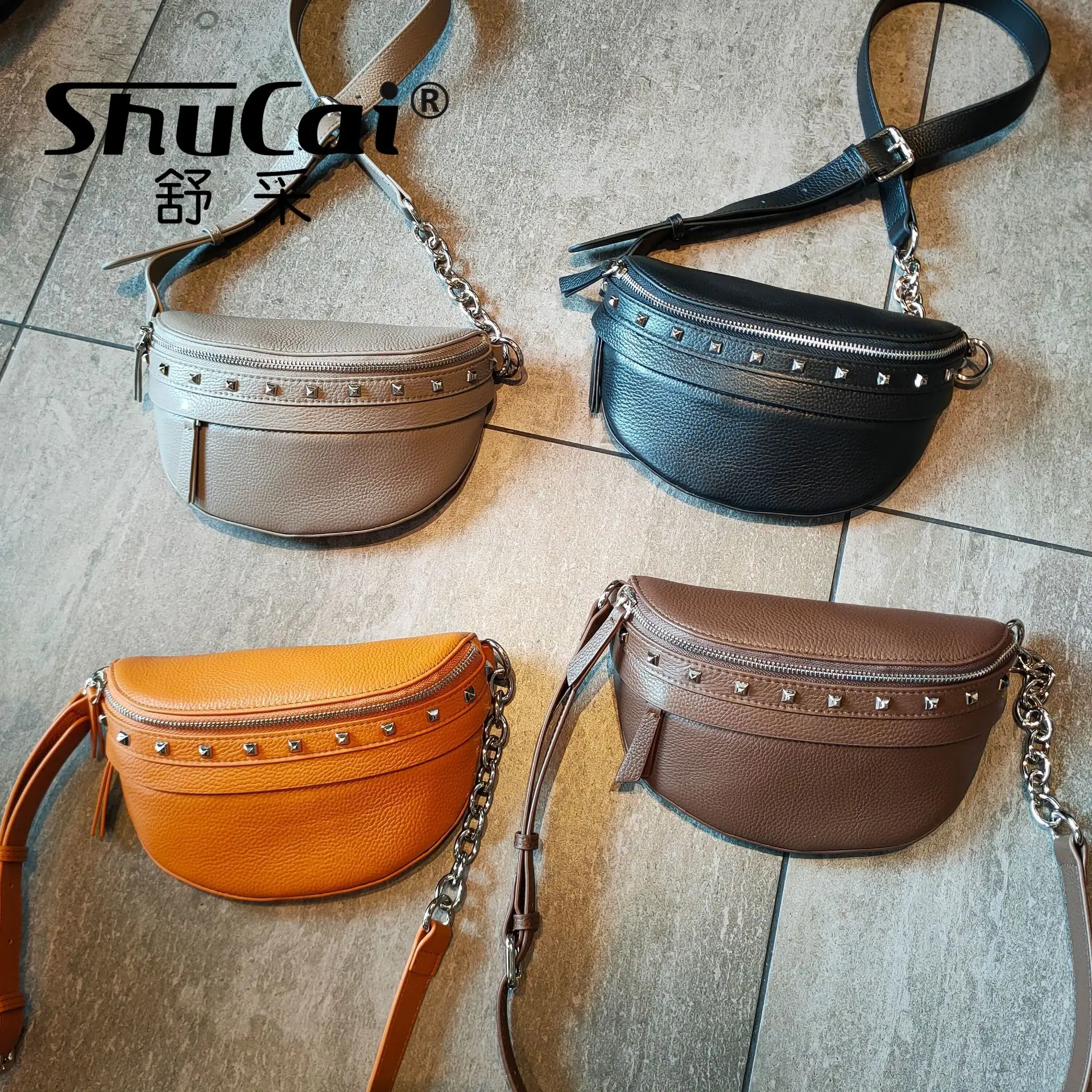 Genuine leather female Korean version soft leather chest bag ins youth willow studs crossbody waist bag for women saddle bag