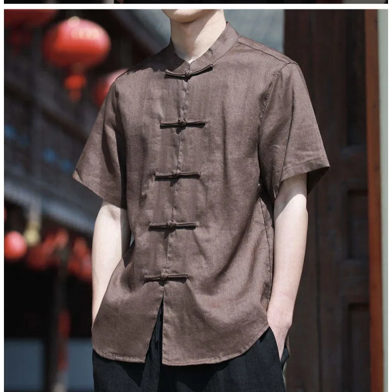 Gorasion جديد 100% الكتان الخالص الصيف رقيقة فضفاضة قصيرة الأكمام أعلى النمط الصيني الرجعية تانغ دعوى زر أسفل قميص الرجال تانغ دعوى