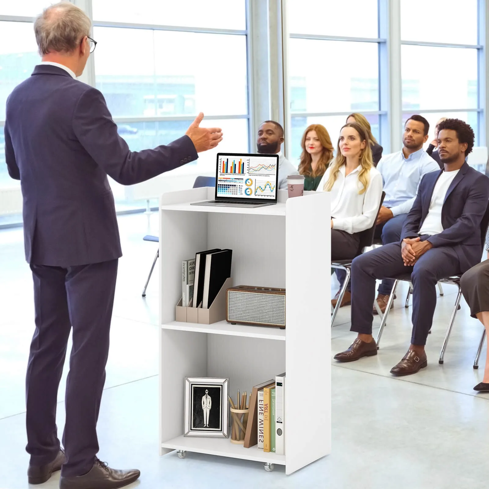 

41" Presentation Podium w/2 Storage Shelves Laptop Computer Cart 4 Casters
