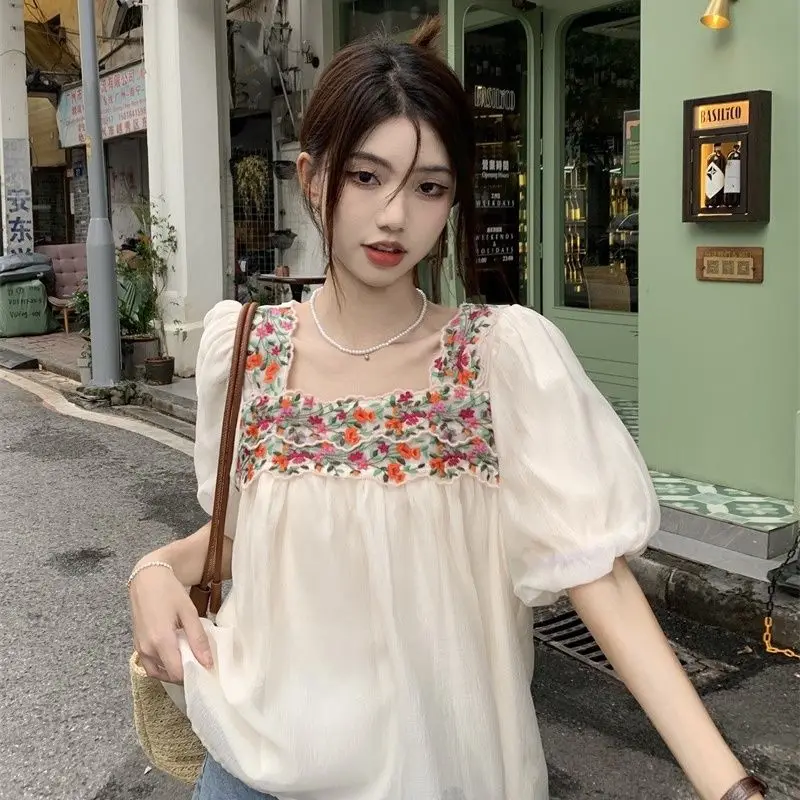 

Square Collar Gentle Blouses Women Aesthetic Loose Summer Graceful Floral Vintage Sweet French Style Thin Lantern Sleeve Top Q59