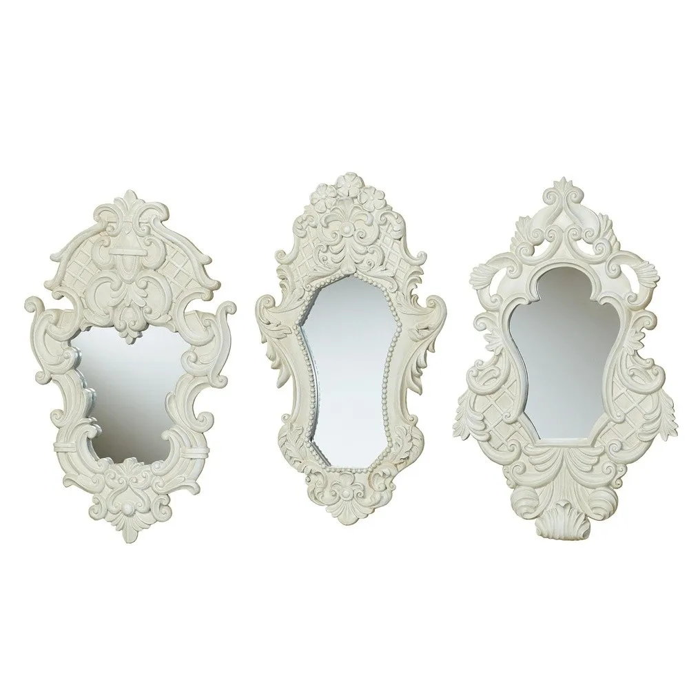 Lattice Scroll Antique White Traditional Classic Wall Mirrors Set of Three Vintage Accent Hanging Mirror for Bedroom