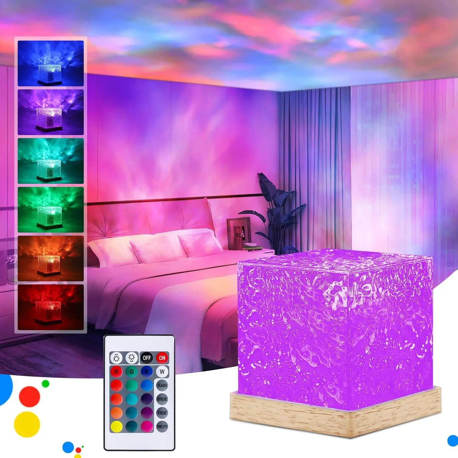 Dynamic Rotating Water Ripple Projector Night Light 3/16 Colors Flame Crystal Lamp for Living Room Bedroom Dynamic Rotating
